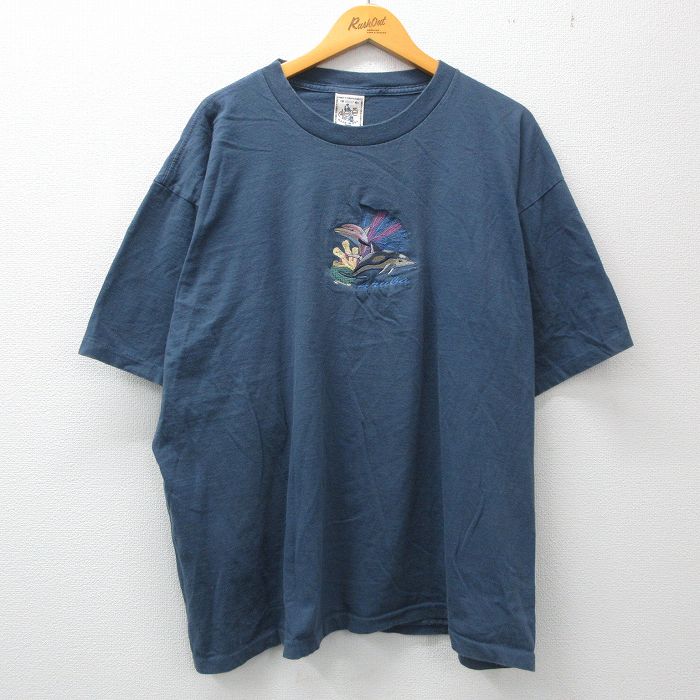 【中古】古着 半袖 ビンテージ ヴィンテージTシャツ メンズ 90年代 90s イルカ アルバ 刺繍 大きいサイズ 2L LL ビッグシルエット ゆったり ビッグサイズ オーバーサイズ コットン クルーネック 丸首 USA製 アメリカ製 紺 ネイビー XLサイズ 中古 | 春夏 夏物 夏服 ヴ