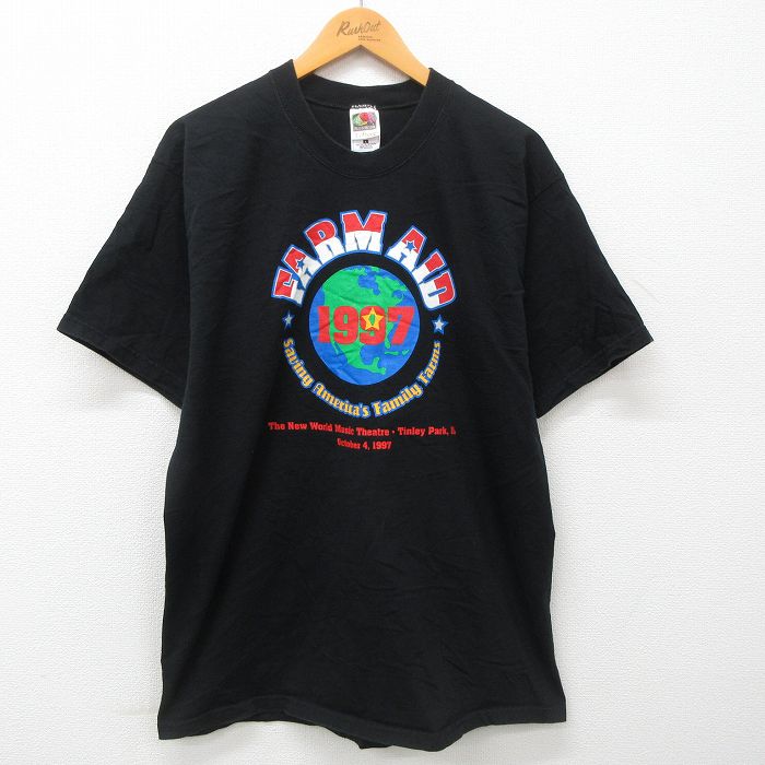 【中古】古着 半袖 ビンテージ ヴィンテージ ロックTシャツ バンドTシャツ メンズ 90年代 90s FARM AID ウィリーネルソン ベック ニールヤング コットン クルーネック 丸首 USA製 アメリカ製 黒 ブラック 【spe】 XLサイズ 中古 春夏 夏物 夏服 ヴィンテージTシャツ