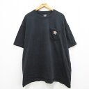 古着 カーハート Carhartt 半袖 ブランドTシャツ メンズ ワンポイントロゴ 胸ポケット付き 大きいサイズ 2L LL ビッグシルエット ゆったり ビッグサイズ オーバーサイズ コットン クルーネック 丸首 黒 ブラック XLサイズ 中古 | 春夏 夏物 夏服 メンズファッ