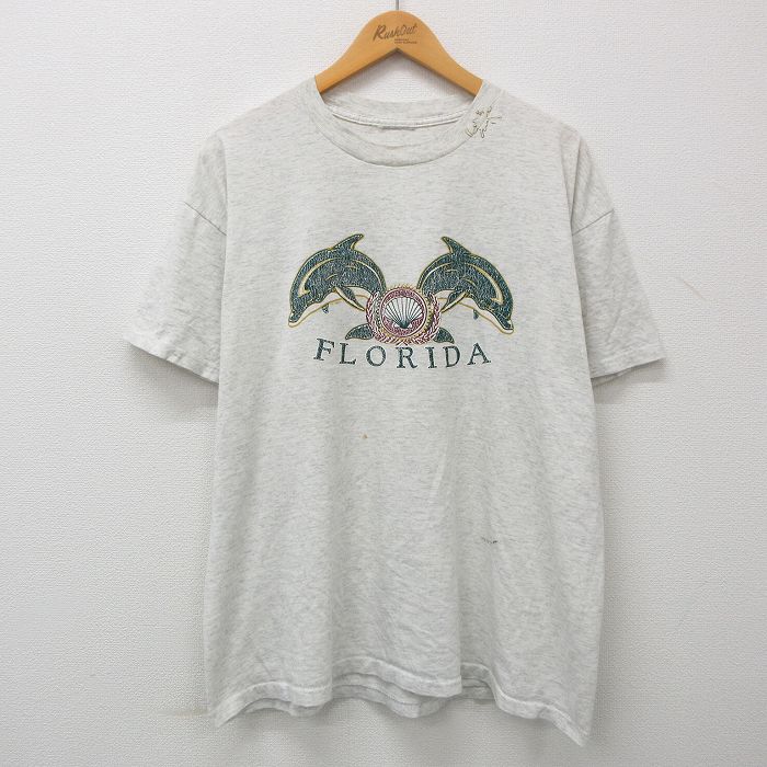 【中古】古着 半袖 ビンテージ ヴィンテージTシャツ メンズ 90年代 90s フロリダ イルカ 大きいサイズ 2L LL ビッグシルエット ゆったり ビッグサイズ オーバーサイズ クルーネック 丸首 薄グレー 霜降り XLサイズ 中古 | 春夏 夏物 夏服 ヴィンテージTシャツ メンズフ 2OF