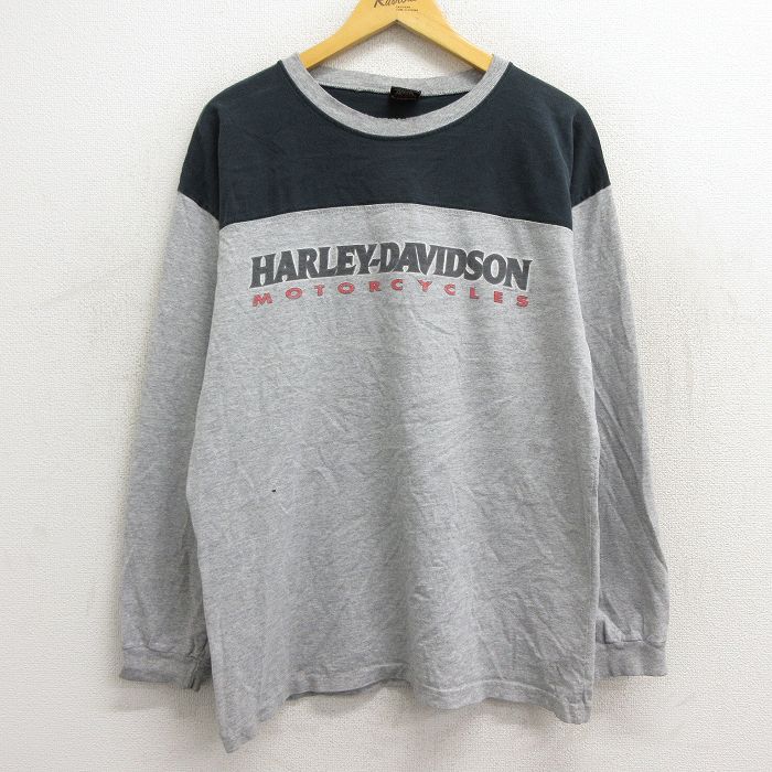 【中古】古着 ハーレーダビッドソン Harley Davidson 長袖 ビンテージ ヴィンテージTシャツ メンズ 90年代 90s ビッグロゴ ツートンカラー バイカラー コットン クルーネック 丸首 USA製 アメリカ製 グレー 霜降り他 XLサイズ 中古 春夏 春物 春服 秋冬 秋物 秋服 メ