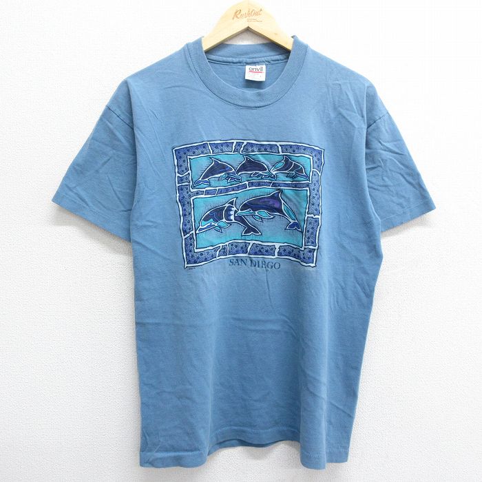 【中古】古着 半袖 ビンテージ ヴィンテージTシャツ メンズ 90年代 90s サンディエゴ イルカ コットン クルーネック 丸首 USA製 アメリカ製 薄紺 ネイビー Lサイズ 中古 | 春夏 夏物 夏服 ヴィンテージTシャツ メンズファッション カットソー ティーシャツ ティシャツ 2OF