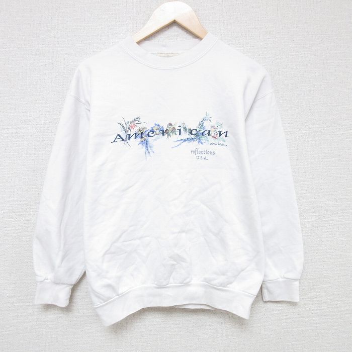 乐天商城 - 【中古】古着 長袖スウェット メンズ 90年代 90s 野花 クルーネック 丸首 白 ホワイト Mサイズ 中古 スエット トレーナー トップス | 春夏 春物 春服 秋冬 秋物 秋服 メンズファッション カジュアル おしゃれ ファッション