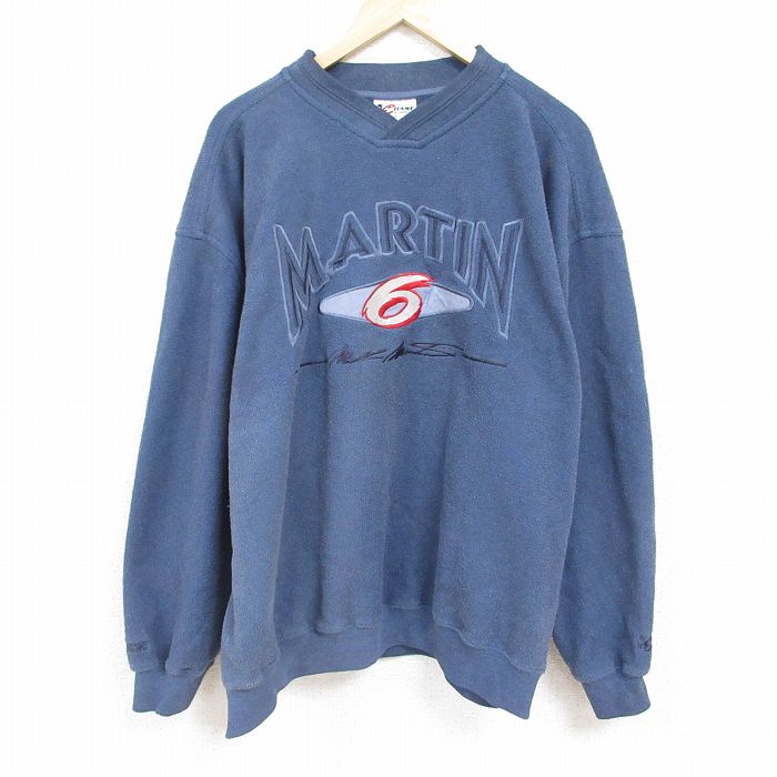 乐天商城 - 【中古】古着 長袖スウェット メンズ 00年代 00s マークマーティン 刺繍 大きいサイズ 2L LL ビッグシルエット ゆったり ビッグサイズ オーバーサイズ Vネック 紺 ネイビー XLサイズ 中古 スエット トレーナー トップス | 春夏 春物 春服 秋冬 秋物 秋服 メン