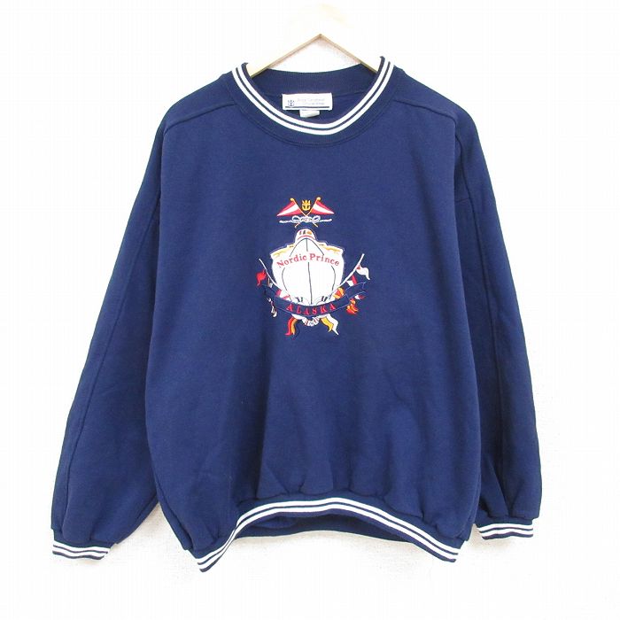 【中古】古着 長袖スウェット メンズ 90年代 90s アラスカ 刺繍 大きいサイズ 2L LL ビッグシルエット ゆったり ビッグサイズ オーバーサイズ ラグラン クルーネック 丸首 USA製 アメリカ製 紺 ネイビー XLサイズ 中古 スエット トレーナー トップス | 春夏