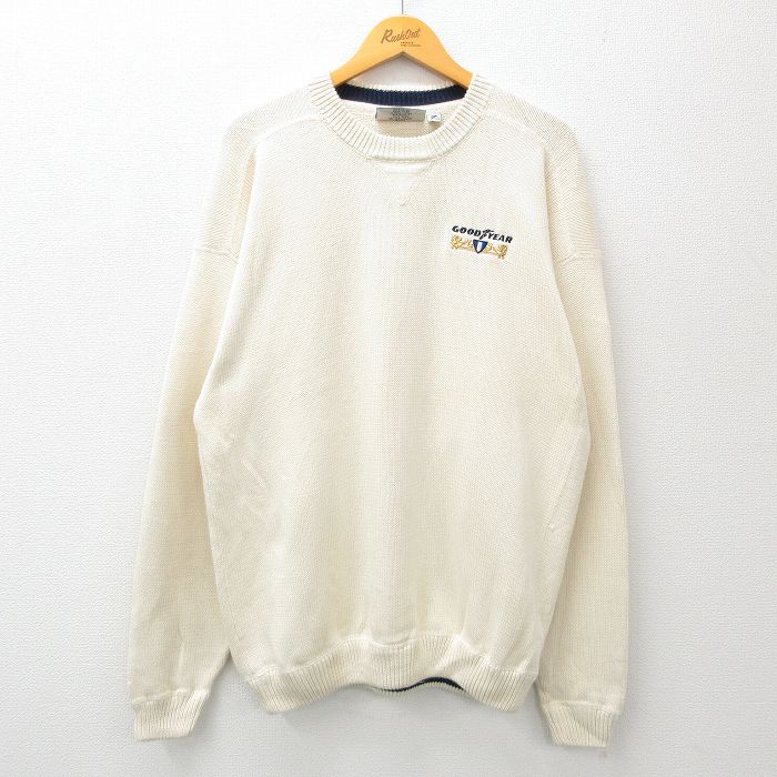 Knit Sweater - 【中古】古着 GOODYEAR 90s ニット セーター メンズ XLサイズ 刺繍 クルーネック コットン 生成り 長袖 アメカジ ヴィンテージ ストリート カジュアル 24jan09