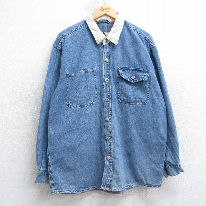 樂天商城 - 【中古】古着 アリゾナジーンズ 長袖 シャツ メンズ 90年代 90s 襟コーデュロイ コットン 紺 デニム【spe】 25nov15