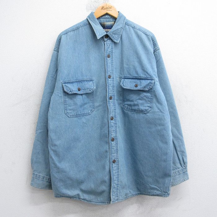 乐天商城 - 【中古】古着 長袖 シャツ メンズ ロング丈 コットン 薄紺 デニム 内側フリース 25nov15