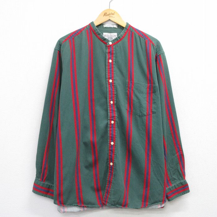 【中古】古着 長袖 シャツ メンズ 00年代 00s 大きいサイズ コットン ノーカラー 緑他 ストライプ 25nov17