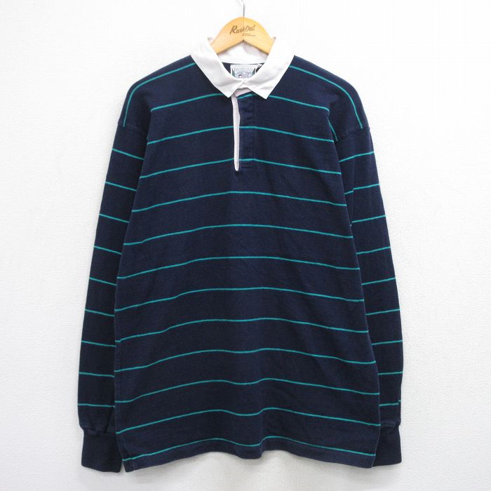 【中古】古着 長袖 ラガー シャツ メンズ 90年代 90s コットン USA製 紺他 ボーダー 25nov17