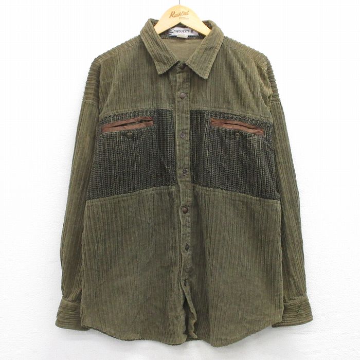 Rakuten - 【中古】古着 長袖 シャツ メンズ 90年代 90s コーデュロイ 太畝 濃緑【spe】 25nov17 5OF