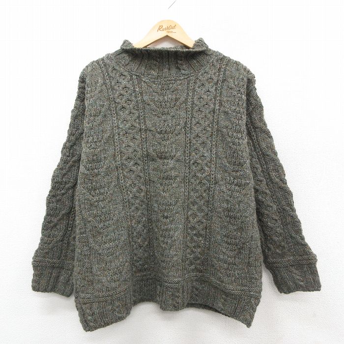 Necked Turtle - 【中古】古着 長袖 アラン フィッシャーマン ケーブル セーター メンズ 90年代 90s ウール モックネック ハイネック アイルランド製 濃緑 25nov18