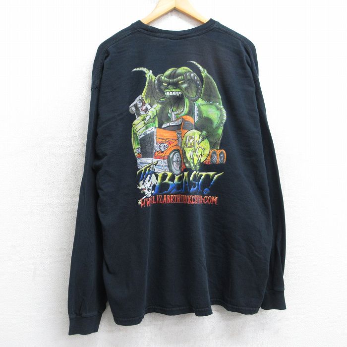【中古】古着 長袖 ビンテージ Tシャツ メンズ 00年代 00s トラック モンスター スカル 大きいサイズ コットン クルーネック 黒 25nov18