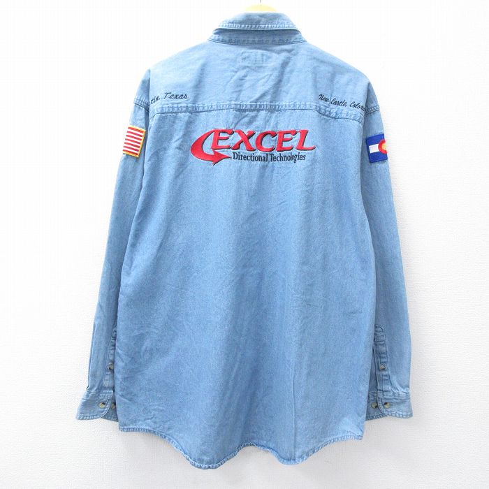 乐天商城 - 【中古】古着 長袖シャツ メンズ EXCEL 刺繍 大きいサイズ ロング丈 コットン ボタンダウン 紺 デニム アメカジ ストリート カジュアル きれいめ ヴィンテージ【spe】 25nov19