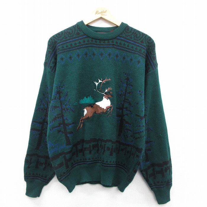【中古】古着 長袖 セーター メンズ 90年代 90s シカ 刺繍 アクリル クルーネック 濃緑他 25nov19