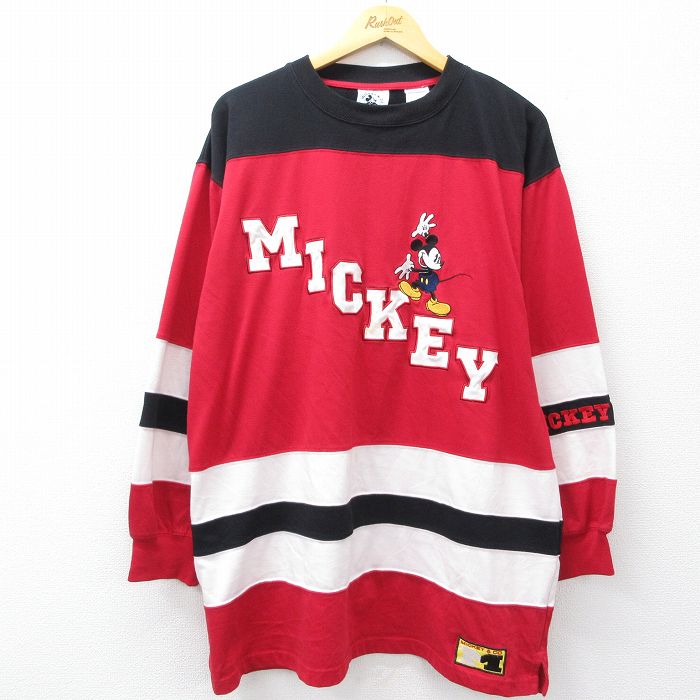 樂天商城 - 【中古】古着 長袖 ビンテージ Tシャツ アイスホッケー ジャージ メンズ 90年代 90s ディズニー ミッキー 刺繍 大きいサイズ クルーネック 赤他【spe】 25nov26