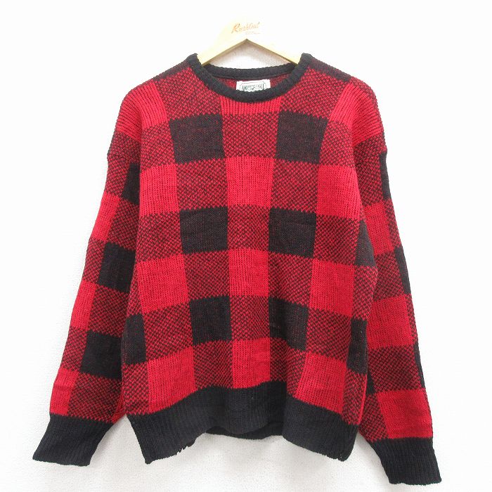 Crew Neck - 【中古】古着 アメリカンイーグル 長袖 セーター メンズ 90年代 90s クルーネック USA製 赤他 チェック 25dec02