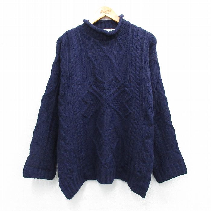 Necked Turtle - 【中古】古着 長袖 ケーブル セーター メンズ 90年代 90s メリノウール モックネック ハイネック アイルランド製 紺【spe】 25dec04