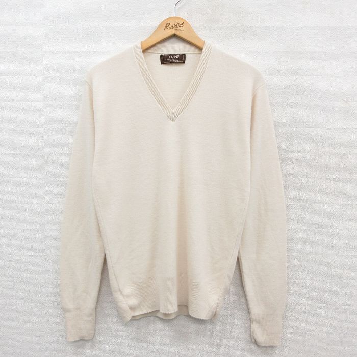 V-Neck - 【中古】古着 90s ヴィンテージセーター メンズ Sサイズ 薄ベージュ Vネック 長袖 アクリル USA製 無地 アメカジ ストリート カジュアル 秋冬 きれいめ 25dec04