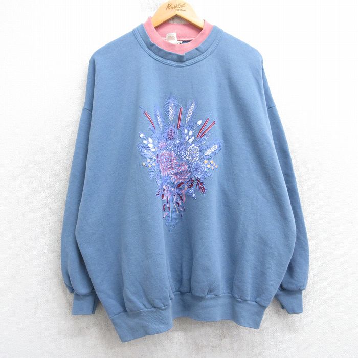 Rakuten - 【中古】古着 90s 長袖スウェット レディース 90年代 USA製 薄紺 花束プリント クルーネック 大きいサイズ アメカジ ストリート カジュアル きれいめ ヴィンテージ 25dec09