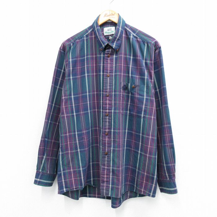 【中古】古着 バンヒューセン 長袖 シャツ メンズ 90年代 90s ワンポイントロゴ コットン ボタンダウン 緑他 チェック 25dec09