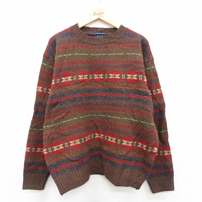 【中古】古着 トミーヒルフィガー 90s 90年代 長袖セーター メンズ フェアアイル ラムウール クルーネック 茶色 アメカジ ストリート カジュアル きれいめ ヴィンテージ 25dec13 5OF