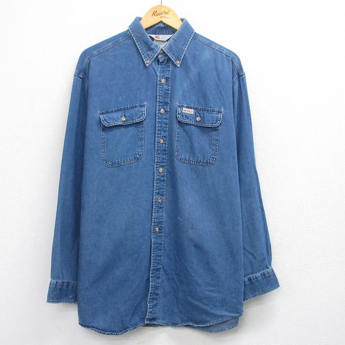 乐天商城 - 【中古】古着 カーハート 長袖 ブランド シャツ メンズ 90年代 90s ロング丈 コットン ボタンダウン 紺 デニム【spe】 25dec20