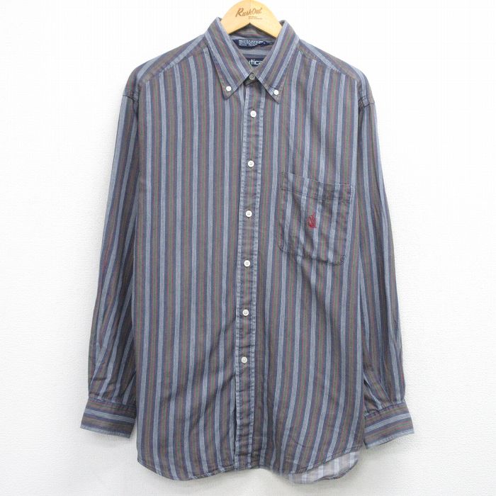 乐天商城 - 【中古】古着 ノーティカ 長袖 ブランド シャツ メンズ 90年代 90s ワンポイントロゴ ロング丈 コットン ボタンダウン USA製 紺他 ストライプ 25dec20