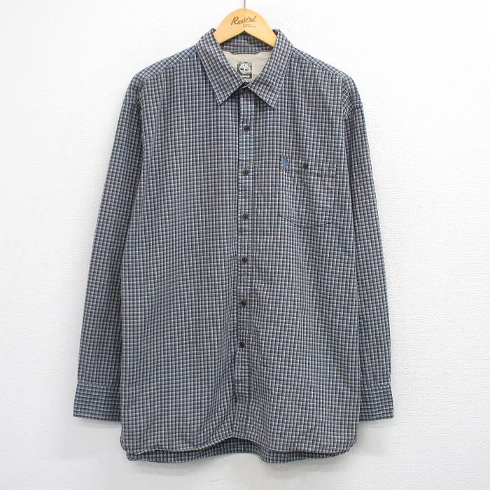 【中古】古着 ティンバーランド 長袖 ブランド シャツ メンズ ワンポイントロゴ 大きいサイズ コットン 薄紺 チェック 25dec20