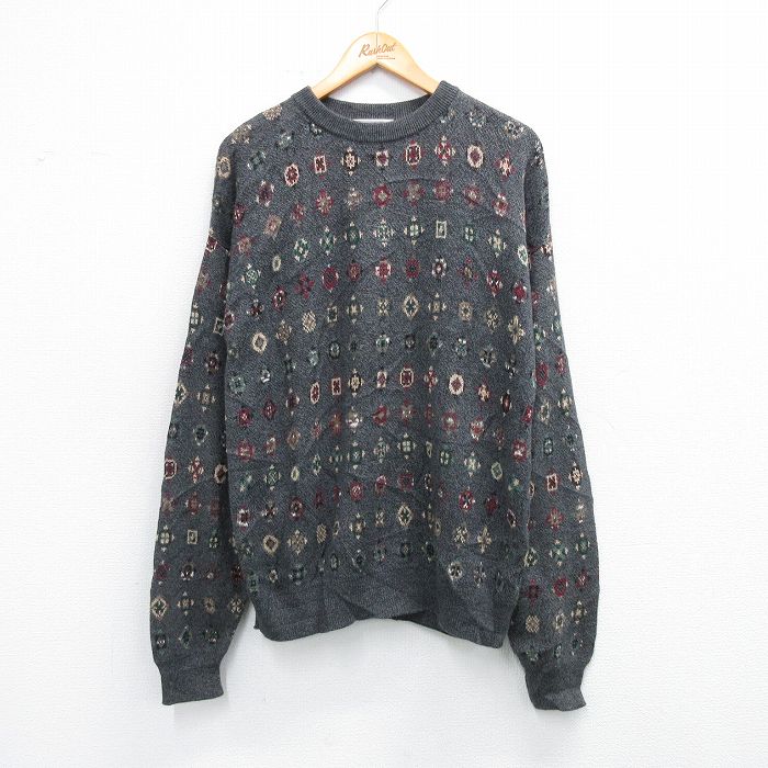 Crew Neck - 【中古】古着 90s 長袖セーター メンズ 90年代 総柄 クルーネック USA製 グレー ニット アメカジ ストリート カジュアル きれいめ ヴィンテージ レトロ 25dec22