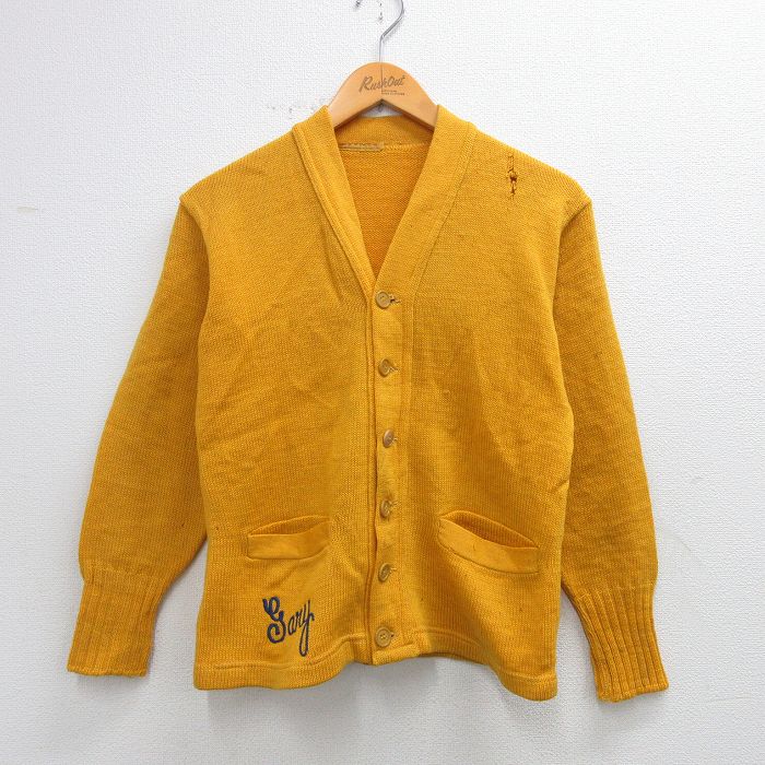 乐天商城 - 【中古】古着 長袖 ビンテージ ニット カーディガン メンズ 60年代 60s レタード Jary 黄色 25dec27