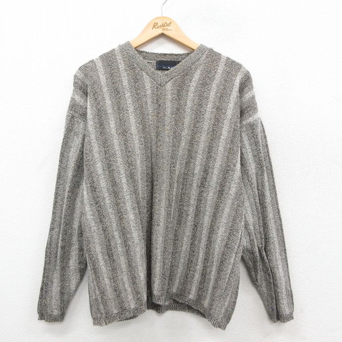V-Neck - 【中古】古着 90s ヴィンテージセーター メンズ Lサイズ ベージュ ストライプ Vネック 手織り USA製 ニット トレーナー アメカジ ストリート カジュアル 26jan13