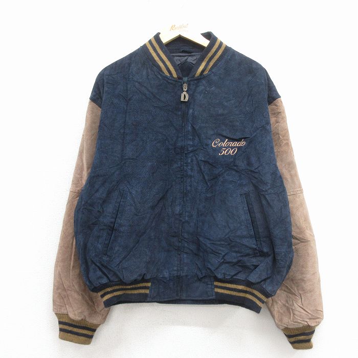Leather Jacket - 【中古】古着 Dunbrooke 長袖スエードレザージャケット メンズ スタジャン ツートンカラー 紺 アメカジ ストリート カジュアル きれいめ ヴィンテージ レトロ 26jan23