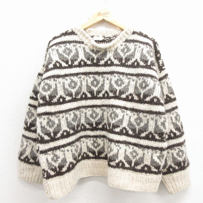 Crew Neck - 【中古】古着 手織りウール長袖セーター メンズ クルーネック エクアドル製 薄ベージュ ニット セーター ヴィンテージ アメカジ ストリート カジュアル きれいめ レトロ【spe】 26jan23