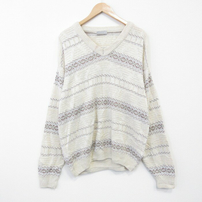 【中古】古着 長袖 セーター メンズ Vネック イギリス製 薄ベージュ他 26jan24