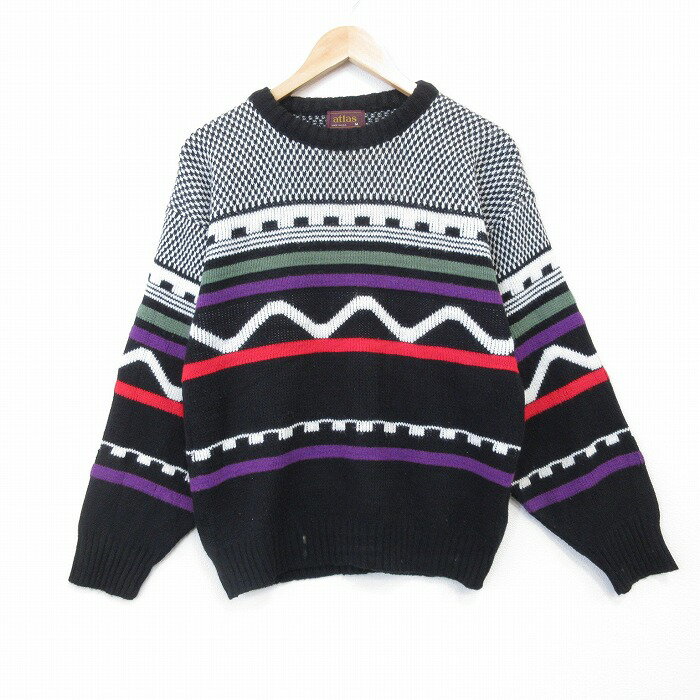 【中古】古着 長袖 セーター メンズ 80年代 80s バーズアイ クルーネック USA製 黒他 26jan24