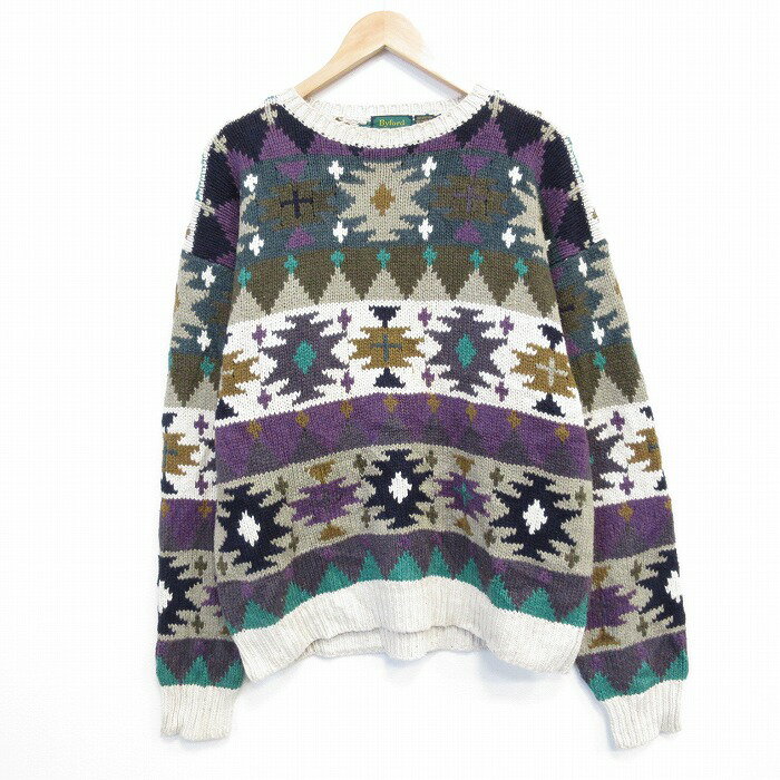 【中古】古着 ネイティブ柄 ラグ柄 長袖 セーター メンズ クルーネック 緑 ニット トップス アメカジ ストリート カジュアル きれいめ ヴィンテージ レトロ オールド 26jan24 2OF