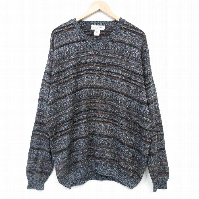 V-Neck - 【中古】古着 長袖セーター メンズ 大きいサイズ Vネック イタリア製 濃グレー ボーダー ビッグシルエット アメカジ ストリート カジュアル きれいめ ヴィンテージ 26jan23