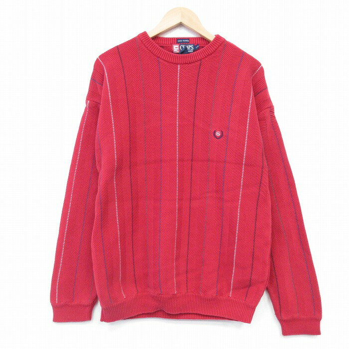 Crew Neck - 【中古】古着 ラルフローレン チャップス 90s 長袖セーター メンズ 赤 ストライプ Ralph Lauren クルーネック コットン 手織り アメカジ ストリート【spe】 26jan23