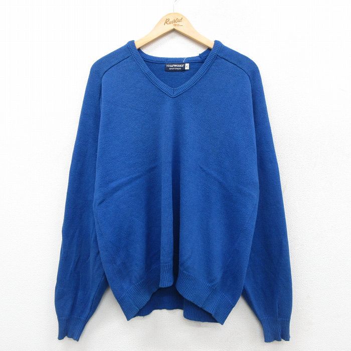 V-Neck - 【中古】古着 90s ニット セーター メンズ XLサイズ 青 Vネック USA製 コットン 長袖 アメカジ ストリート カジュアル きれいめ ヴィンテージ レトロ 26jan25