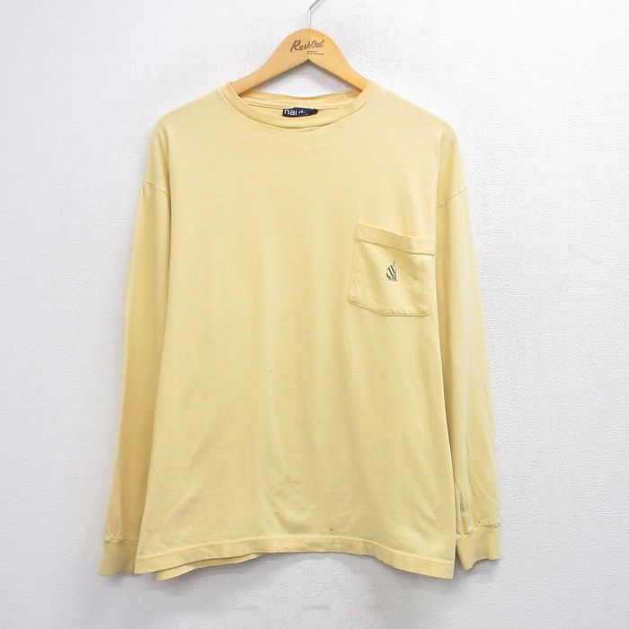 【中古】古着 ノーティカ 90s 長袖Tシャツ メンズ XLサイズ 黄色 ワンポイントロゴ 胸ポケット クルーネック USA製 コットン アメカジ ..
