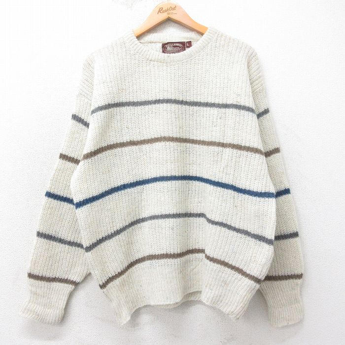 乐天商城 - 【中古】古着 長袖 セーター メンズ 90年代 90s シェットランドウール クルーネック USA製 生成り他 ボーダー 26jan28