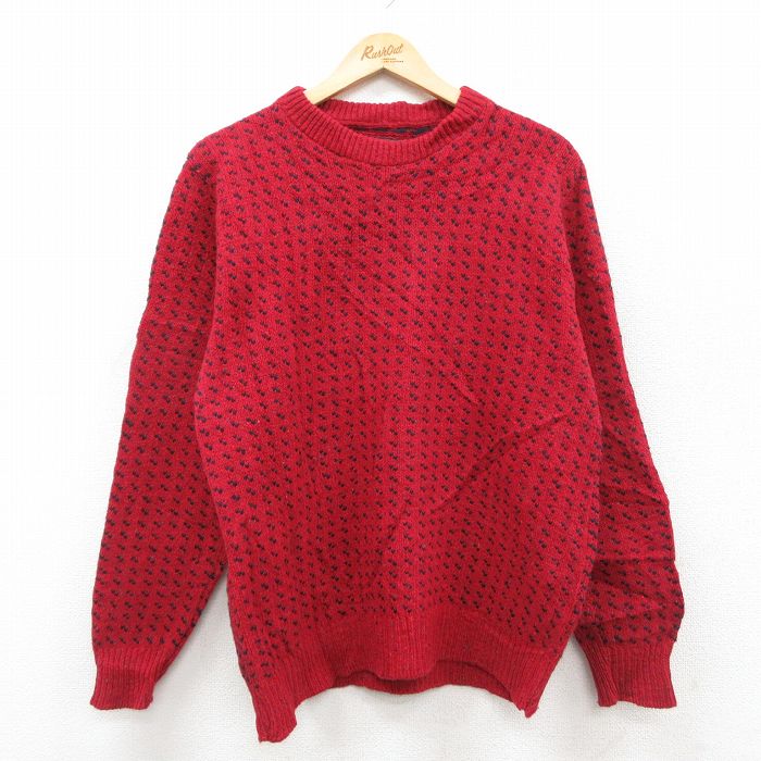 Crew Neck - 【中古】古着 90s バーズアイセーター メンズ クルーネック ウール 赤 ニット 長袖 アメカジ ストリート ヴィンテージ カジュアル きれいめ レトロ オールド 26jan29