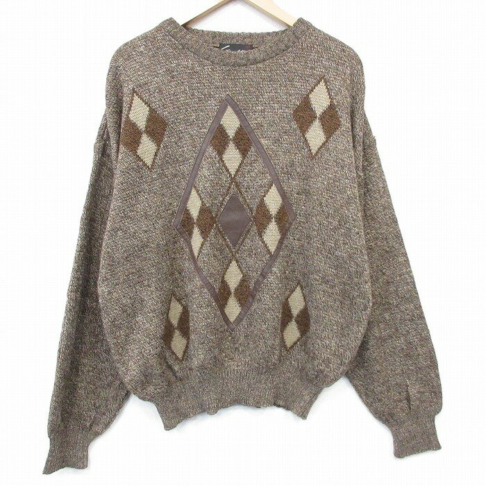 【中古】古着 90s アーガイル セーター メンズ 90年代 クルーネック こげ茶 イタリア製 大きいサイズ アメカジ ストリート ヴィンテージ カジュアル きれいめ 26jan30