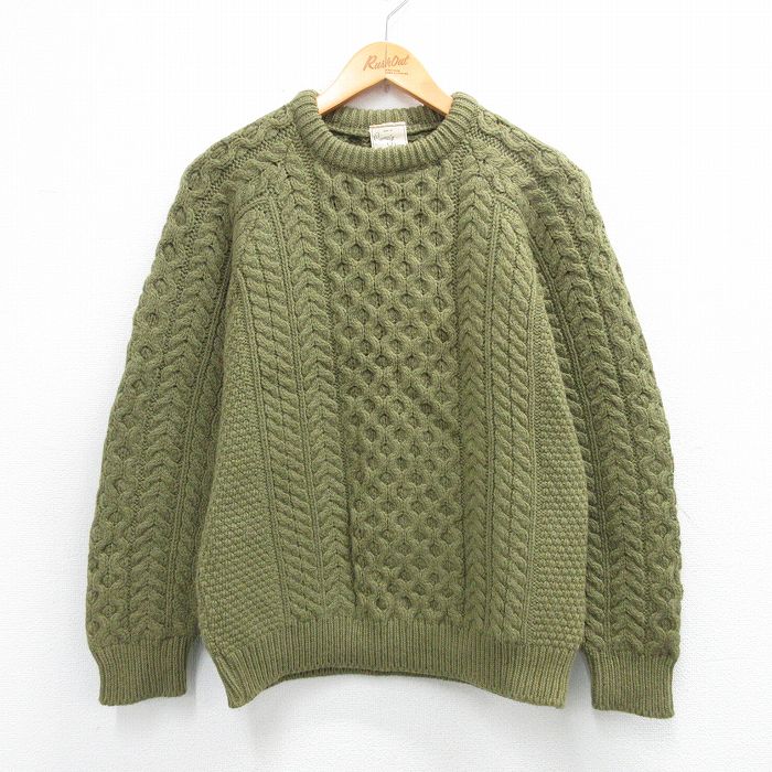 Crew Neck - 【中古】古着 90s アラン フィッシャーマン ケーブル セーター メンズ ウール クルーネック アイルランド製 緑 ヴィンテージ アメカジ ストリート カジュアル【spe】 26feb03