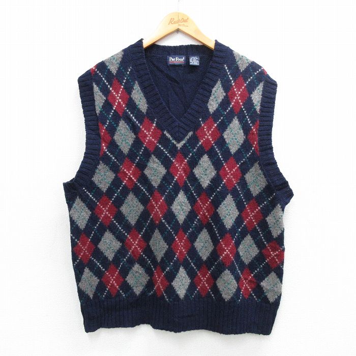 V-Neck - 【中古】古着 90s ニット ベスト メンズ 90年代 アーガイル ウール Vネック 紺 Lサイズ ヴィンテージ アメカジ ストリート カジュアル きれいめ レトロ オールド