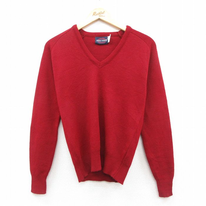 V-Neck - 【中古】古着 90s 90年代 長袖セーター メンズ XSサイズ ラグラン Vネック アクリル USA製 エンジ アメカジ ストリート カジュアル きれいめ ヴィンテージ レトロ オールド