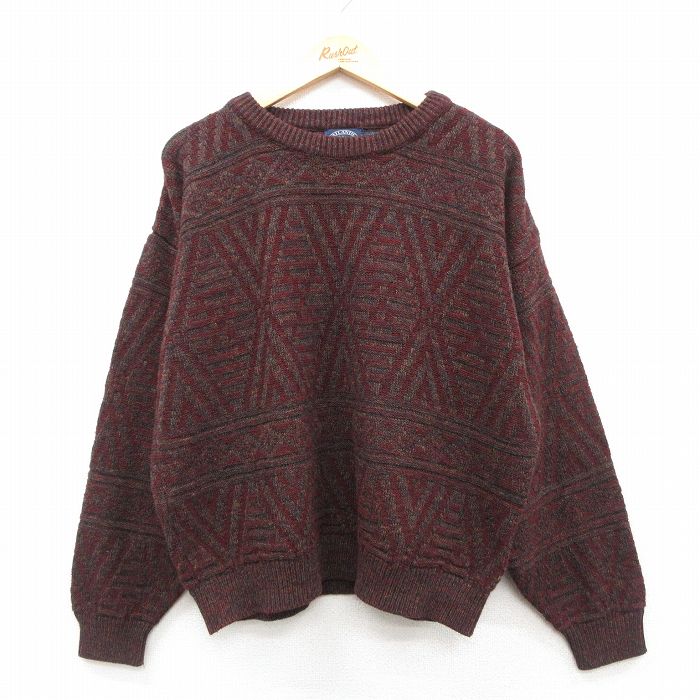 Crew Neck - 【中古】古着 90s 長袖セーター メンズ 90年代 クルーネック エンジ アクリル USA製 アメカジ ヴィンテージ ストリート カジュアル きれいめ レトロ オールド