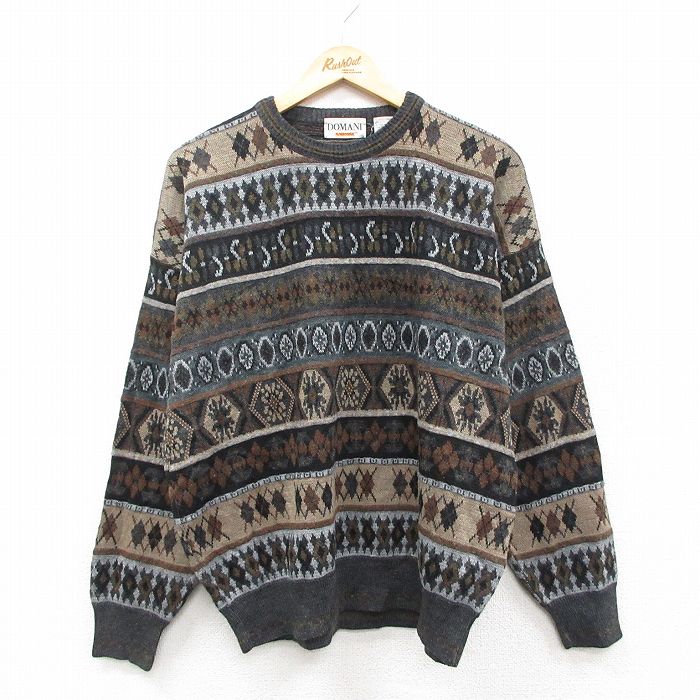 Crew Neck - 【中古】古着 90s 長袖セーター ニット メンズ クルーネック 濃グレー ストライプ イタリア製 ヴィンテージ アメカジ ストリート カジュアル きれいめ レトロ オールド