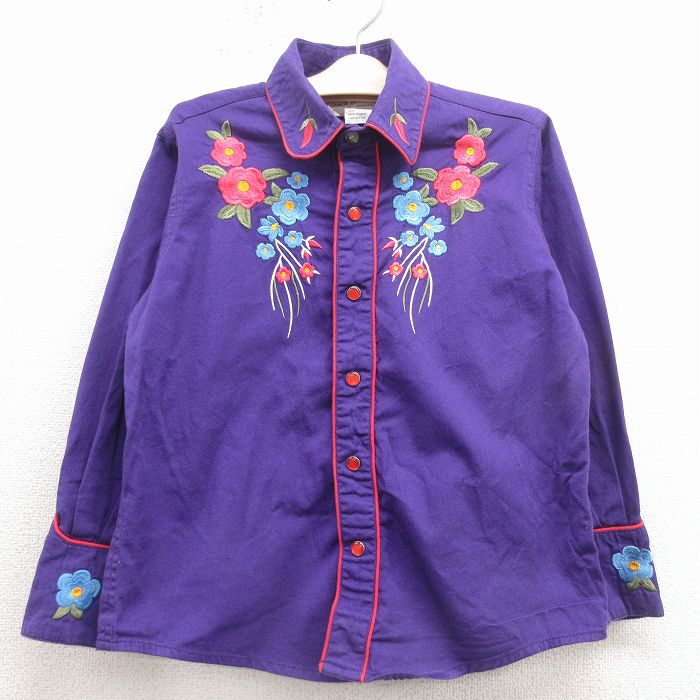 樂天商城 - 古着 ロックマウント 長袖 ウエスタン シャツ キッズ ボーイズ 子供服 花 刺繍 コットン 紫 26feb04